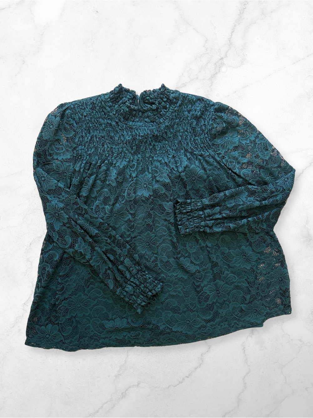 Emerald Green Lace Mock Neck Long Sleeve Blouse Plus Size 2X